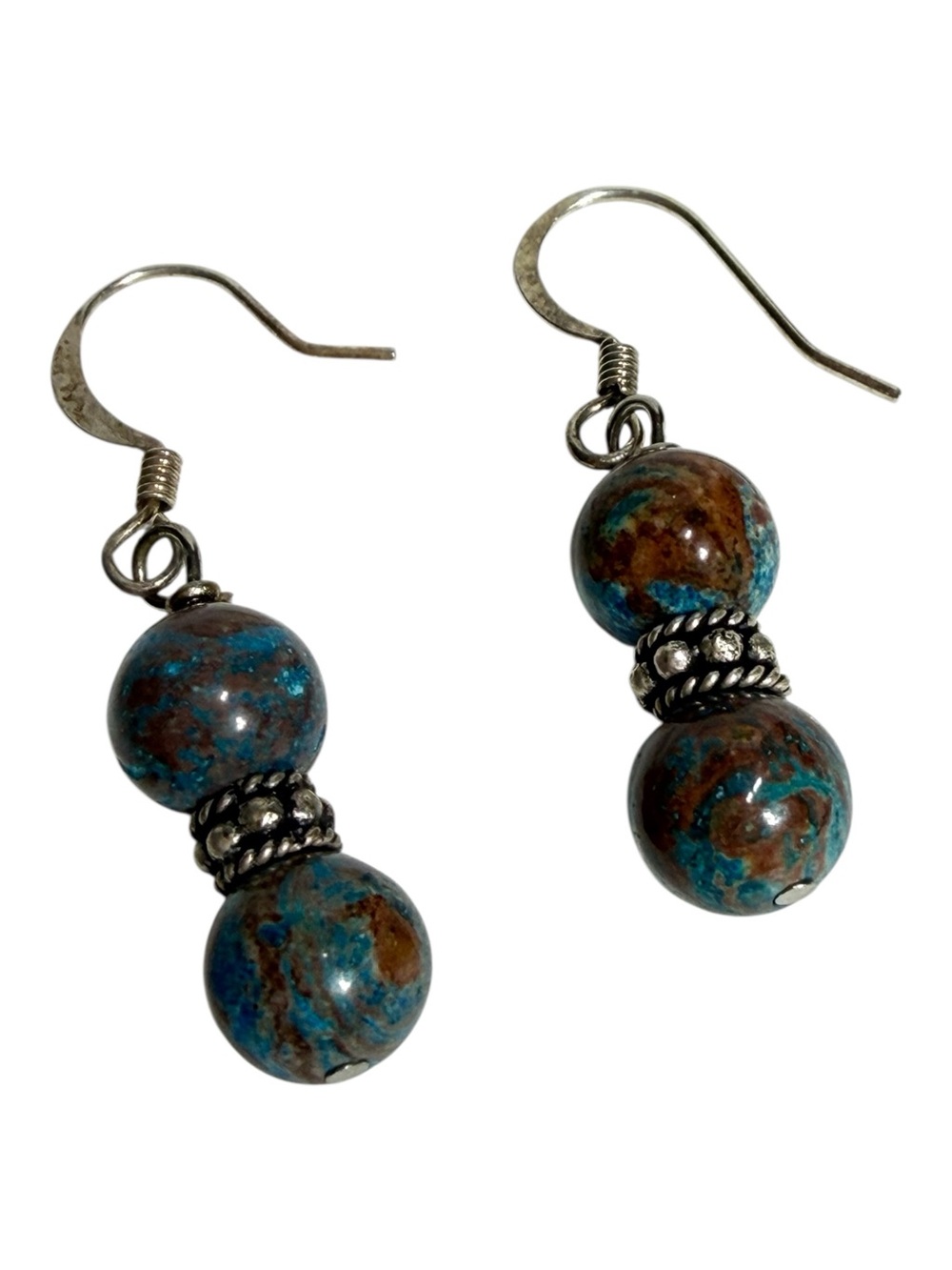 Swirled Blue Brown Glass Calsilica Bead Dangle Earrings Silver Settings Boho